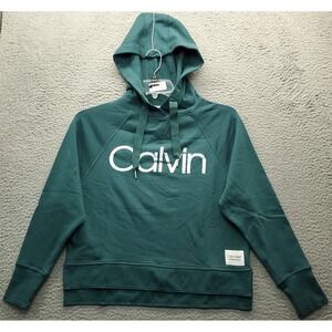 Calvin Klein Performance Hoodie Womens XS Green High Low Slit Spell Out Stretch‎